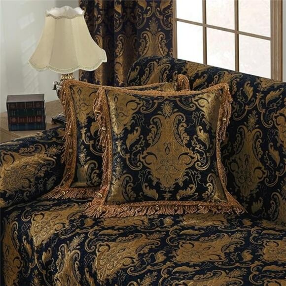 Black Gold Chenille Throw Pillow Cover 20x20 Square Decorative Cushion with Tass - Picture 8 of 8